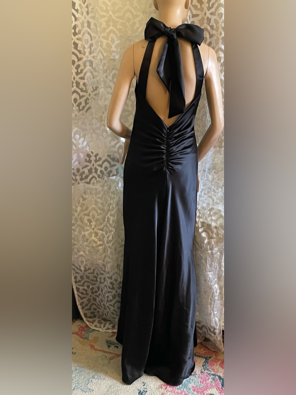 Xscape Evenings Black Halter Tie Neck Satin Sheath Gown size 4 - Picture 9 of 13